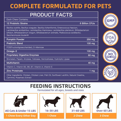 NATURE TARGET Probiotics for Dogs, 6 Billion Dog Probiotics with Prebiotics & Enzymes for Digestive & Gut Health, Pumpkin, Omega-3 & Multivitamins for Itchy Skin, Allergies, 120 Dogs Probiotics Chews