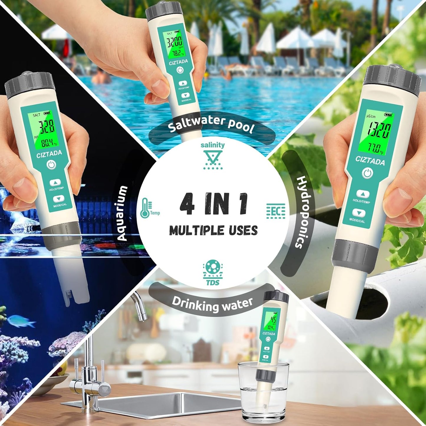 Salinity Tester and 4 in 1 Hydrogen Water Tester, Digital Pool Salt Tester for Saltwater Pool and pH H2 ORP Meter for Drinking Water, Hydroponic, Aquariums