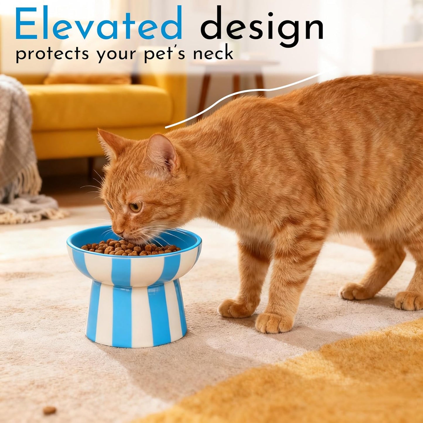 Raised Cat Bowl - Blue Striped Elevated Ceramic Food and Water Dish, Wide Shallow Design for Whisker Fatigue Relief, Dishwasher Safe