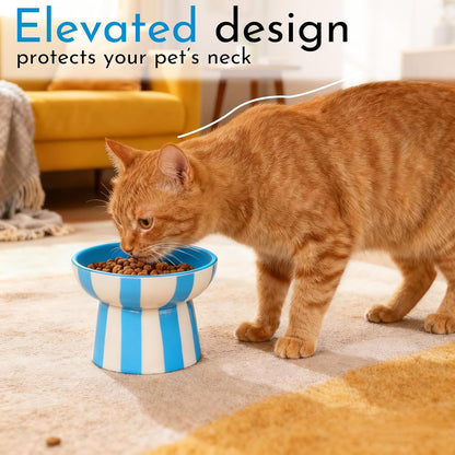 Raised Cat Bowl - Blue Striped Elevated Ceramic Food and Water Dish, Wide Shallow Design for Whisker Fatigue Relief, Dishwasher Safe
