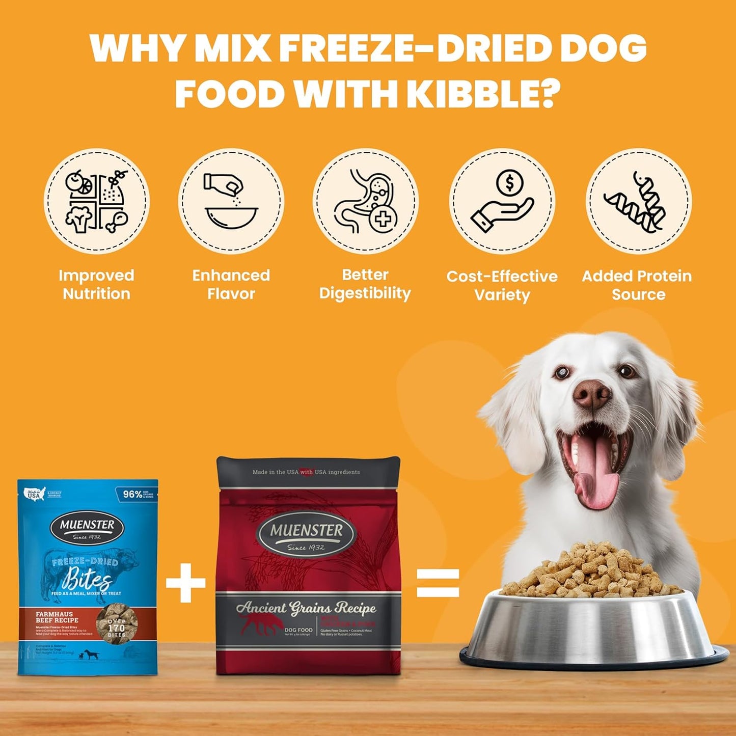 Muenster Adult Dry Dog Food, Small Breed, Large Breed - 22lb Bag Ancient Grain w/with Freeze-Dried Meatballs Chicken &