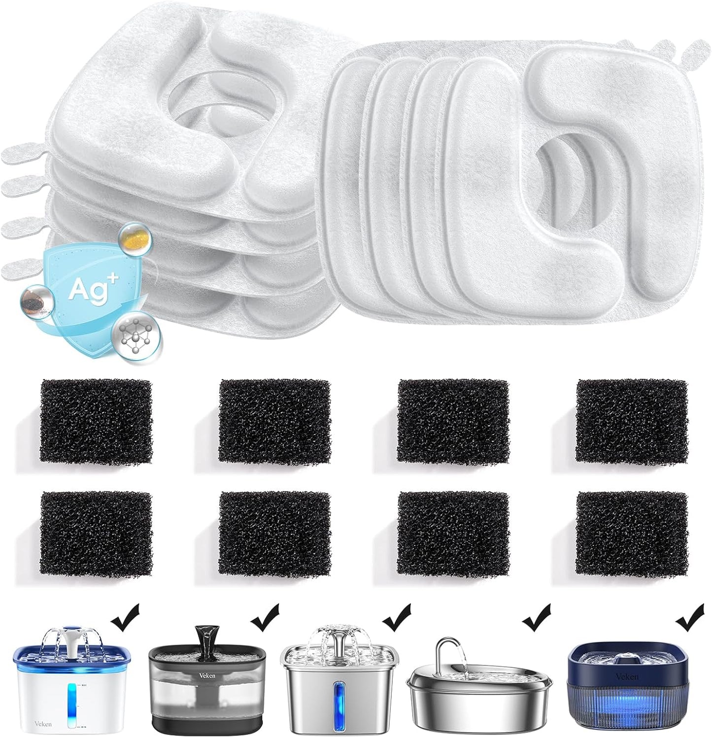 Veken Cat Water Fountain Filters, 8 Pack Replacement Filters & 8 Pack Replacement Pre-Filter Sponges Set for 50oz, 84oz, 95oz or 108oz Automatic Pet Fountain Dog Water Dispenser