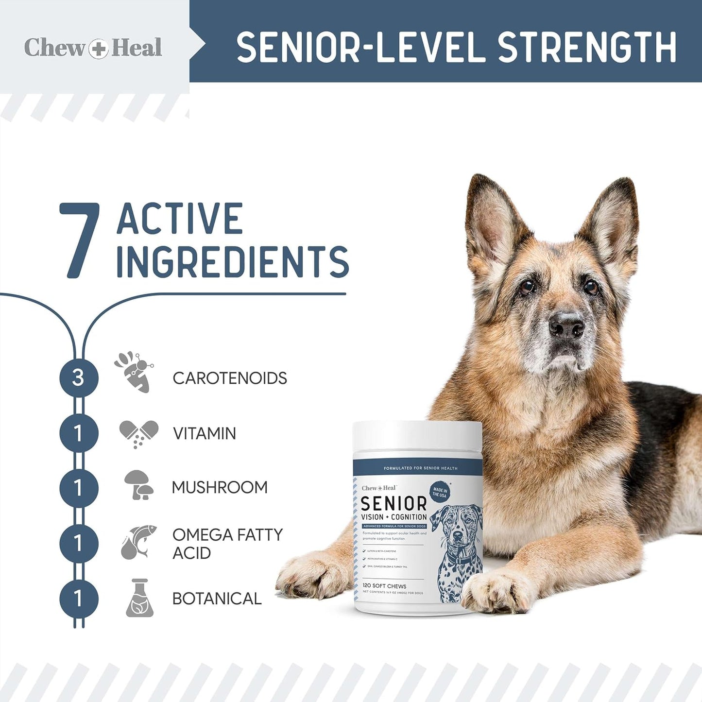 Chew + Heal Labs Senior Dog Vision and Cognition Chews - 60 Soft Chews for Dog Eye Care and Memory - 7-in-1 Multivitamin with Omega Fatty Acids, Vitamins, and Botanicals - Made in The USA