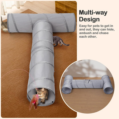 Cat Tunnel 3 Straight Shaped Pet Tunnels, Tube Cat Toys 6 DIY Shapes with Wand Toys, Scratch Resistant Collapsible Cats Tubes for Indoor Puppy, Kitten, Rabbit Silver 82in
