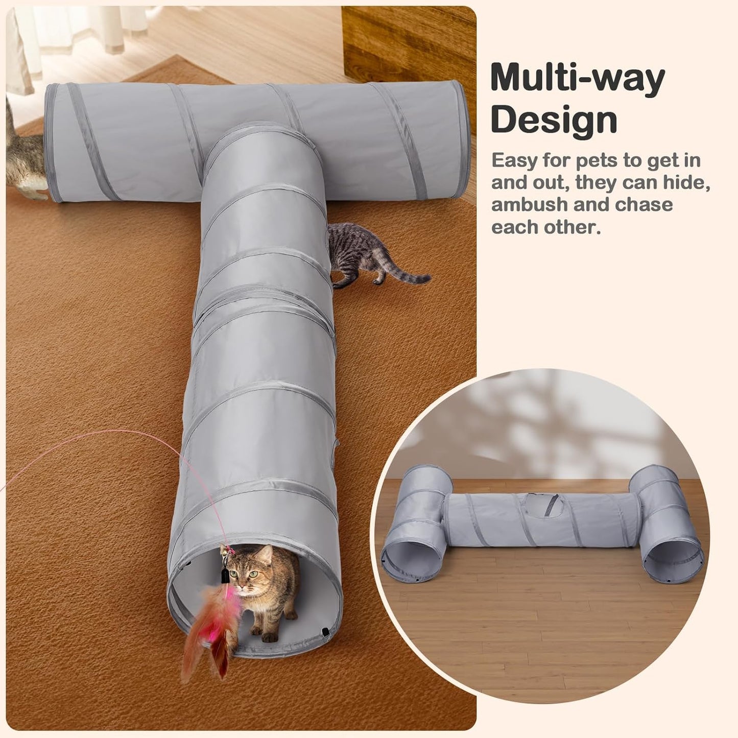 Cat Tunnel 3 Straight Shaped Pet Tunnels, Tube Cat Toys 6 DIY Shapes with Wand Toys, Scratch Resistant Collapsible Cats Tubes for Indoor Puppy, Kitten, Rabbit Silver 82in