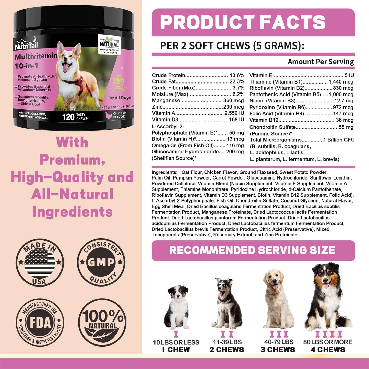 NutriTrail Multivitamin for Dogs – 10-in-1 Soft Chews with Glucosamine, Probiotics, Omega-3, Vitamins & Minerals – Supports Hip & Joint, Digestion, Skin & Coat, and Immune Health – Chicken, 120 Ct