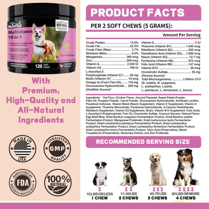 NutriTrail Multivitamin for Dogs – 10-in-1 Soft Chews with Glucosamine, Probiotics, Omega-3, Vitamins & Minerals – Supports Hip & Joint, Digestion, Skin & Coat, and Immune Health – Chicken, 120 Ct