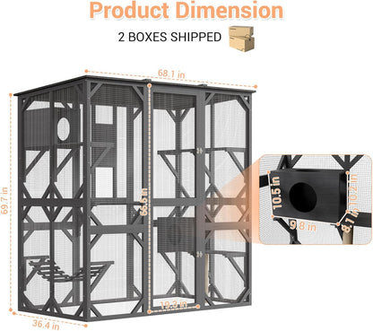 Large Outdoor Cat Enclosure, 70 Inch Window Access Catio for Cats Outdoor Patio with Waterproof Asphalt Roof, 4 Platforms, 2 Resting Box and Bridge Grey