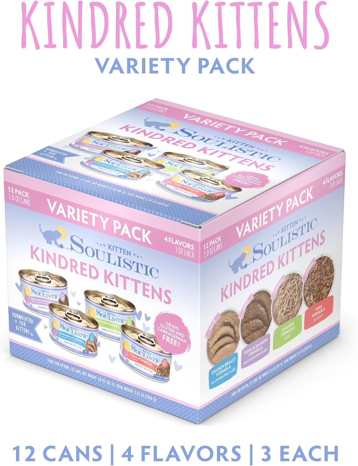 Soulistic Kitten, Kindred Kittens Variety Pack, 3oz Can, Pack of 12