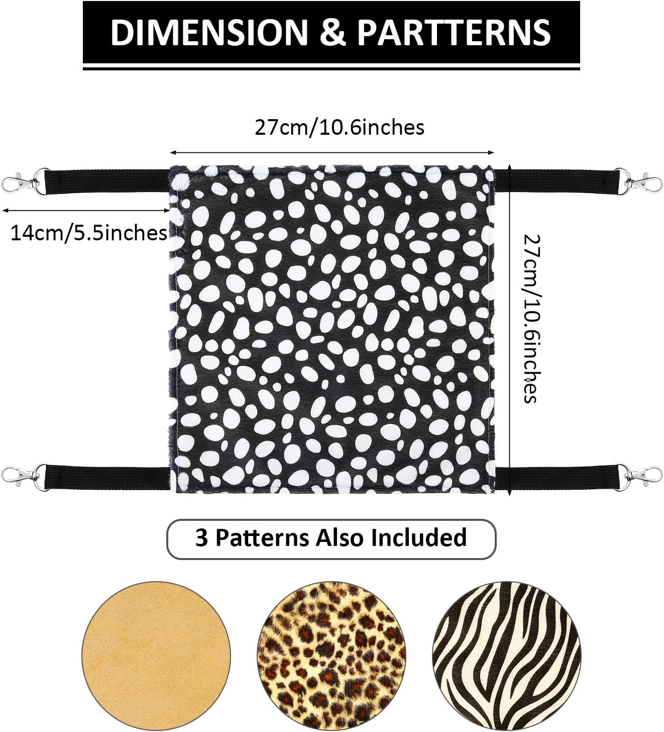 Boao 4 Pcs Guinea Pig Hammock Rat Hammock for Cage Small Animals - Chinchilla Parrot Sugar Glider Ferret (Leopard, Zebra, Black and White Dots, Camel)