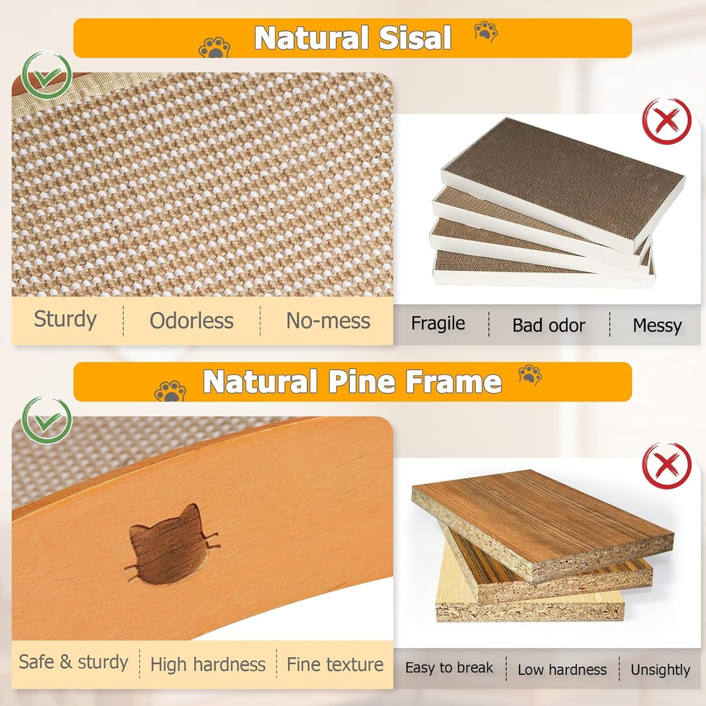 Extra-Larger Sisal Cat Scratcher Bed with Ball, 3-in-1 Cat Scratching Pad with Hammock, Natural Sisal with Solid Wood Frame Cat Scratch Post for Indoor Cats Lounger & Sleep & Scratch