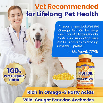 Fish Oil for Dogs & Cats, Omega 3 Fish Oil for Pets | Rich in 97% Omega 3 & 95% EPA+DHA | Made with Peruvian Anchovies, Promotes Healthy Skin, Shiny Coat & Strong Joints, 100 Capsules