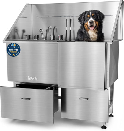KANIS Professional Dog Washing Station - 304 Stainless Steel Pet Wash Sink & Grooming Bathtub w/Shower, Floor Grates and Storage for Large, Medium & Small Pets (50", 2 Drawers - Right Ramp)