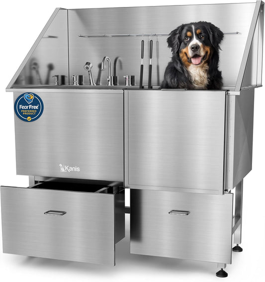 KANIS Professional Dog Washing Station - 304 Stainless Steel Pet Wash Sink & Grooming Bathtub w/Shower, Floor Grates and Storage for Large, Medium & Small Pets (50", 2 Drawers - Right Ramp)