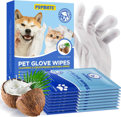 Pet Cleaning Glove Wipes for Dogs & Cats, Hypoallergenic Deodorizing Disposable No-Rinse Grooming Wipes, Wipes, Perfect for Pet Dry Cleaning, Daily Care and Travel, Coconut Scent, 8 pcs