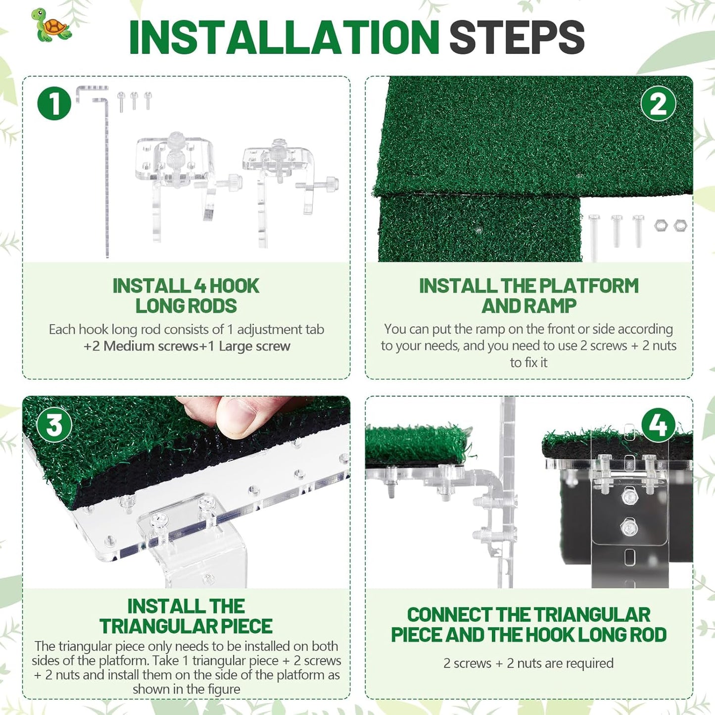 Adjustable Hanging Turtle Basking Platform with Artificial Grass 11 x 5.7 Inch Sturdy Acrylic Aquatic Reptile Ramp Dock Fits 0.3"-2" Thick Tank Salamander Frog Turtle Tank Accessories