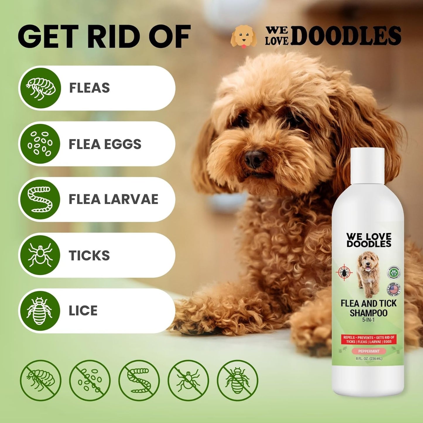We Love Doodles Flea Shampoo for Dogs - Stops Fleas & Ticks for Dogs, Natural, Safe & Effective Lice Treatment, Soothing Shampoo for Sensitive Skin, Made in USA (8 fl oz)