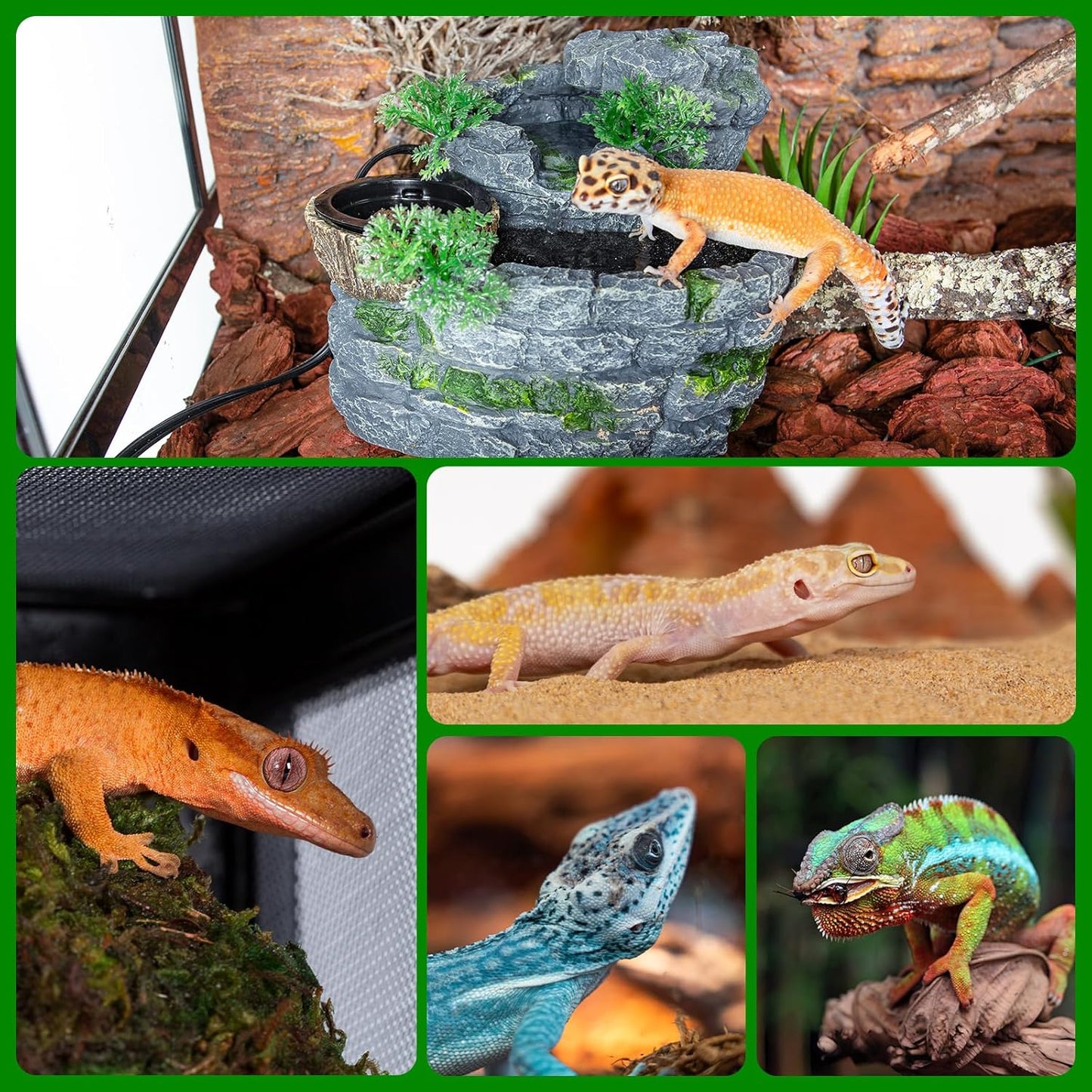 500ML Reptile Waterfall Fountain, Reptile Water Drinking Fountain for Bearded Dragons, Geckos & Lizards – Terrarium Waterfall with Feeding Bowl, Flowing Water, Natural Resin