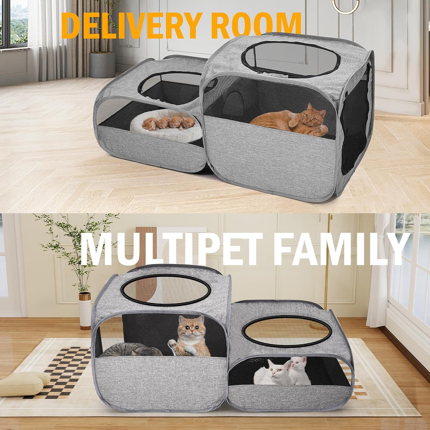 Large Outdoor Cat Playpen, Foldable 2-in-1 Zone Waterproof Cat Enclosure Puppy Pen for Outdoor Use, Portable Pet Playpen with Soft Sides, Great for Gardens, Camping, Backyard
