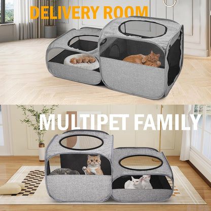 Large Outdoor Cat Playpen, Foldable 2-in-1 Zone Waterproof Cat Enclosure Puppy Pen for Outdoor Use, Portable Pet Playpen with Soft Sides, Great for Gardens, Camping, Backyard