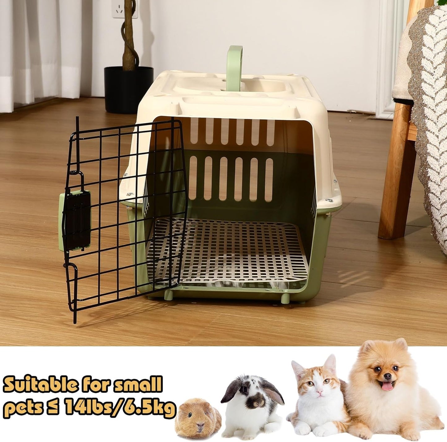 2 Set Travel Pet Carrier Small Plastic Hard Cat Dog Carrier with Bowl Wire Door and Grille Mat Breathable Portable Puppy Kennel for Walking Camping Veterinary Visits (Green White)