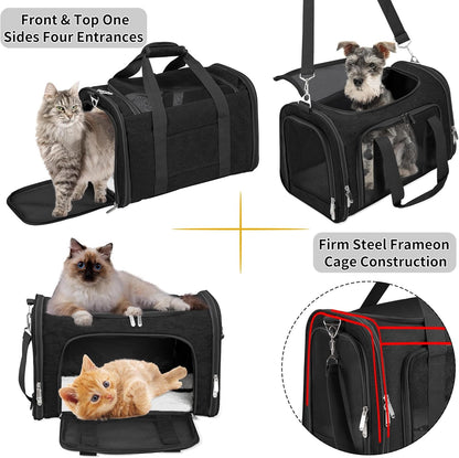 Soft-Sided Cat/Dog/Pet Carrier, Collapsible Pets Travel Carriers for Big Cats/Small Dogs with Shoulder Strap & Removable Mat, Mesh Puppy Carry Bag, Up to 16 Lbs, TSA Airline Approved(Black)
