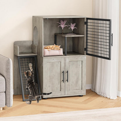 IDEALHOUSE Modern Cat Litter Box Enclosure with Platform, Double Layer Hidden Litter Box, Indoor Washroom, Villa Cat House with Ladder, 33.5" l x 17.9" w x 41.9" h,Grey