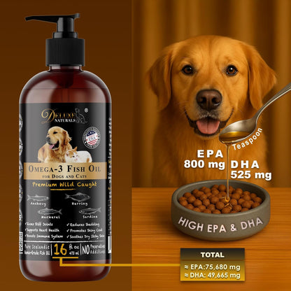 Rich Omega-3 Fish Oil for Dogs & Cats | Natural EPA + DHA Fatty Acids for Shiny Coat, Reduce Itchy Skin, Support Joint Function, Immune & Heart Health, 16 FL OZ