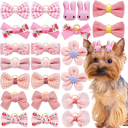 20pc Light Pink Small Dog Hair Bows with Rubber Bands, Flower Ball Bowknot Top Knot for Yorkie Hair Accessories