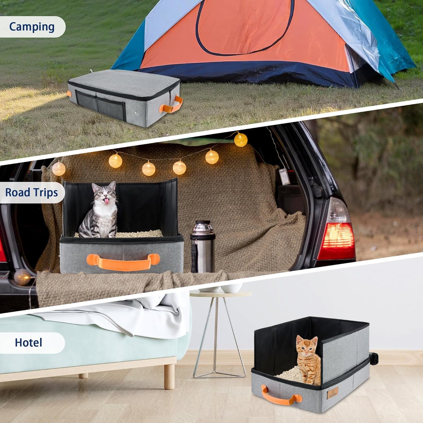 MORAIS Portable Travel Litter Box for Cats, 17.7"×13.5"×11" Collapsible Cat Litter Box with Lid, Leak-Proof Cat Litter Pan for Car Hotel Airplane, Waterproof & Easy to Carry- Gray