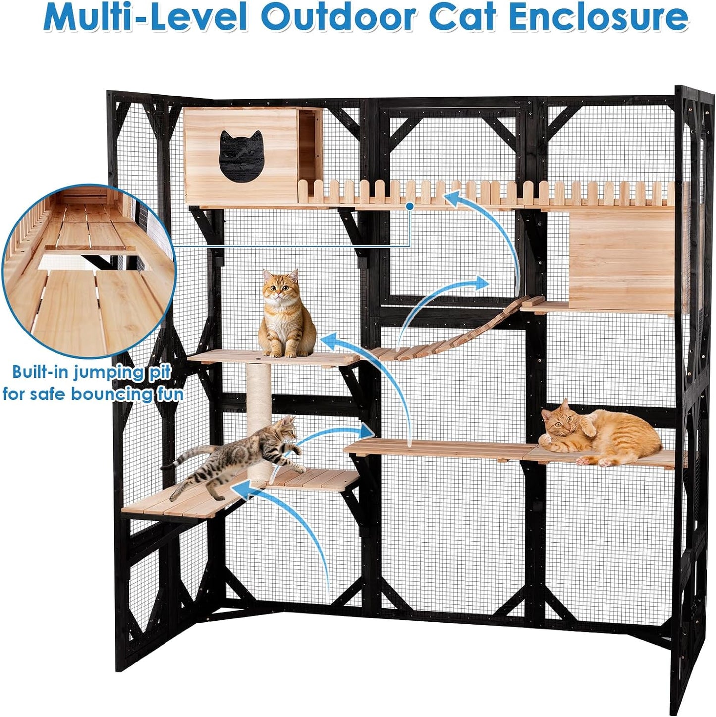 FunXplore 71.1" L Large Cat Catio Outdoor Cat Enclosure Window Acess, Walk-in Cat Cage Cat House for Multiple Indoor Outdoor Cats, Outside Patio 6 Doors Weatherproof Roof