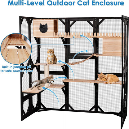 FunXplore 71.1" L Large Cat Catio Outdoor Cat Enclosure Window Acess, Walk-in Cat Cage Cat House for Multiple Indoor Outdoor Cats, Outside Patio 6 Doors Weatherproof Roof