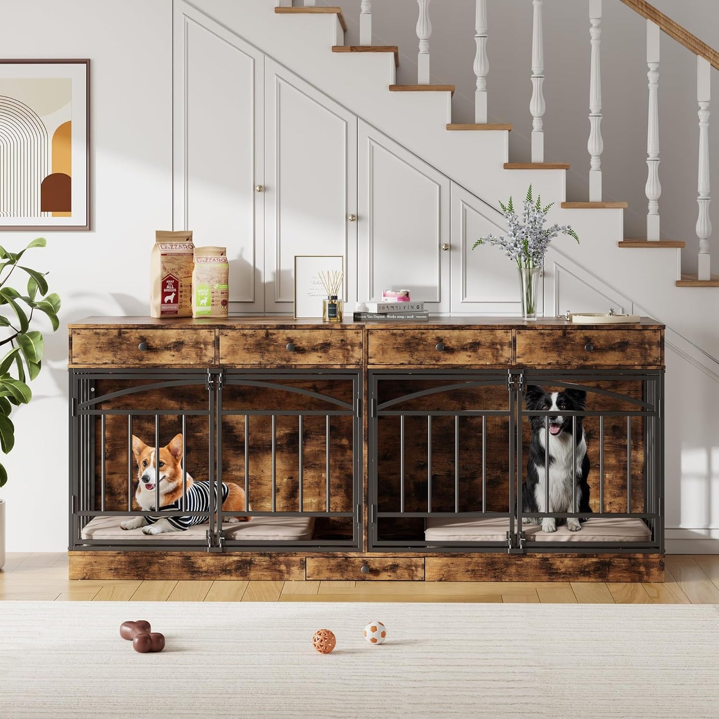 GarveeHome Dog Crate Furniture for 2 Dogs, Dog Kennel Indoor with 4 Storage Drawers and Feeding Bowls, Double Dog Crate TV Stand for Small Medium Dogs, Brown