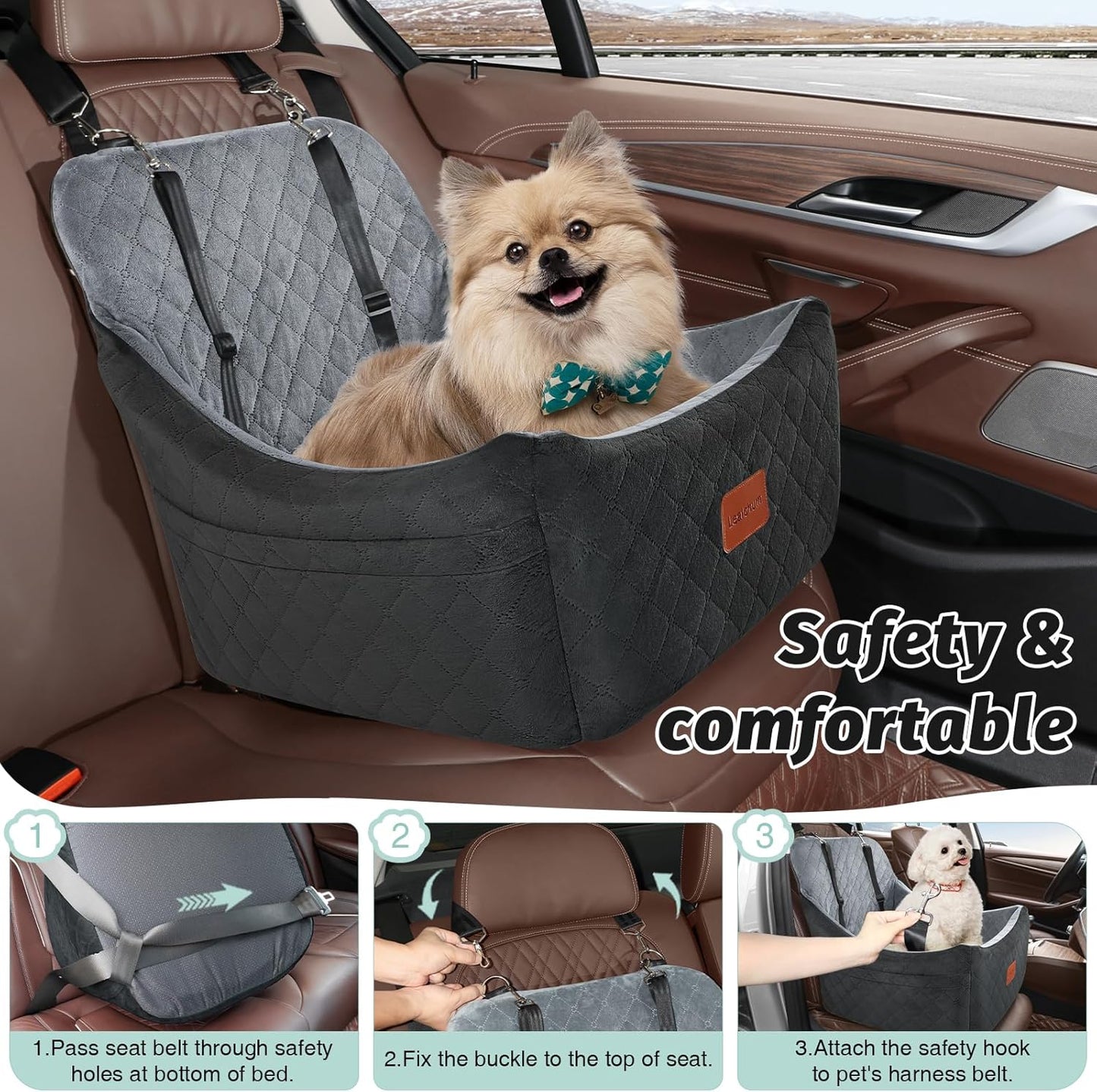 Dog Car Seat for Medium Dogs Up to 40lbs,Fully Detachable and Washable,Memory Foam Covered Soft Fabric,Easy to Install with Adjustable Straps,Anti-Slip Base,2 Side Pockets(Black/Grey,Medium)
