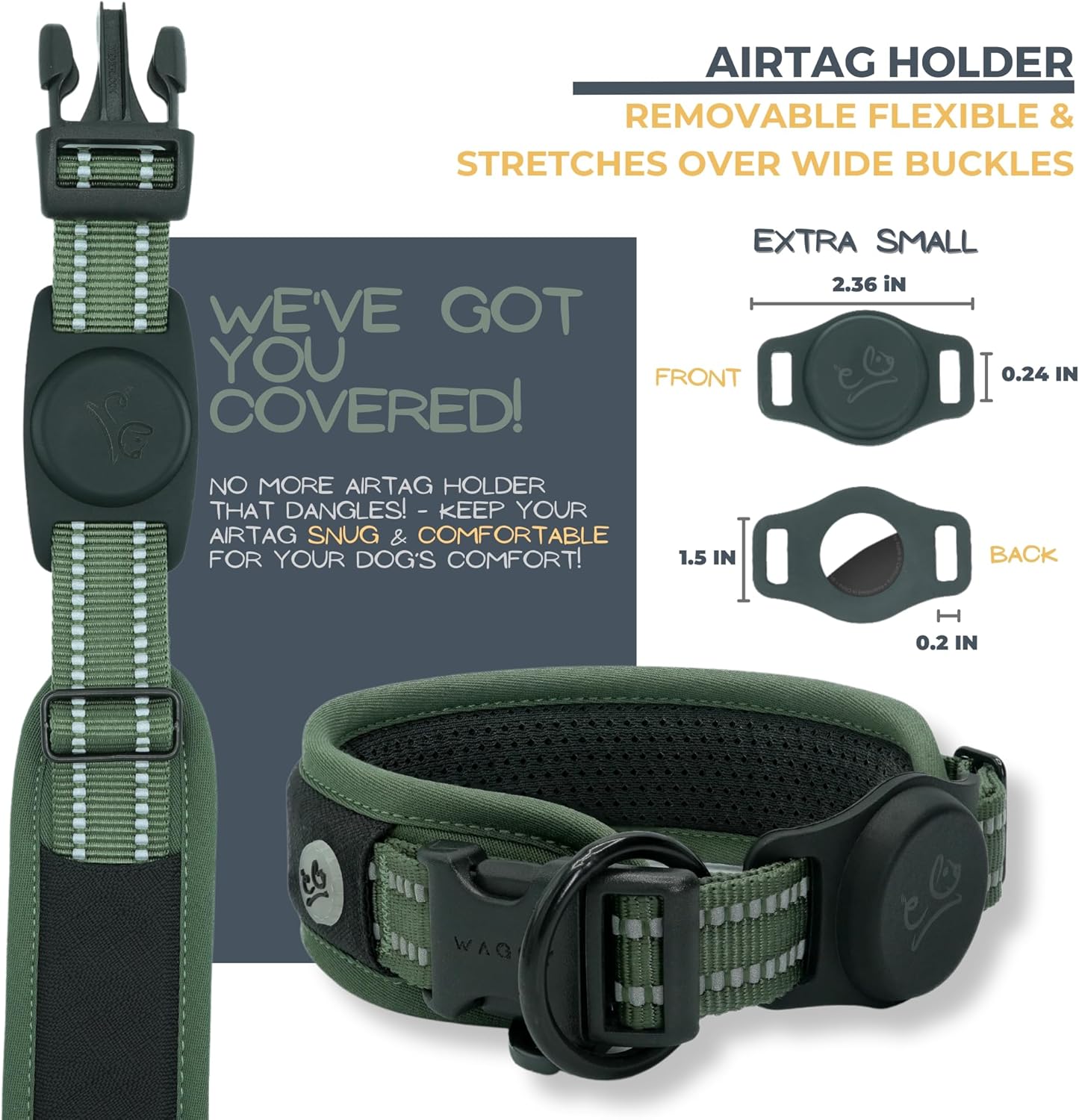 Premium AirTag Dog Collar - Aitag Dog Collar Holder – Reflective AirMesh Padded, Heavy-Duty Quick-Release Dog Collar, Adjustable Secure Fit - Small Medium Large Dogs (Green, XS)
