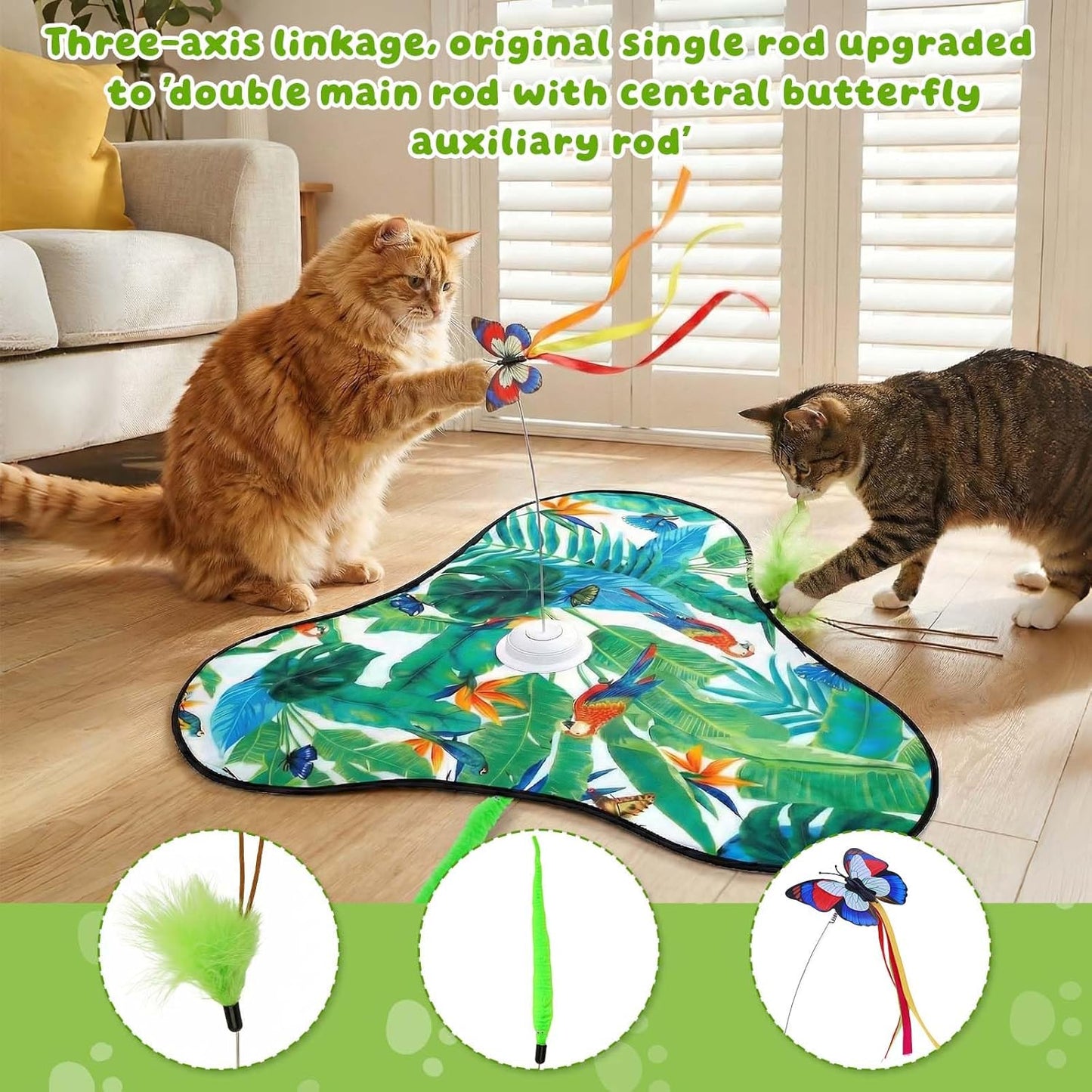 Interactive Cat Toys Rechargeable,Moving Concealed Feathers,Real Mouse Squeaky,Touch Activated Cat Kitten Toy Exercise Toys for Indoor Bored Adult Cats (Green)