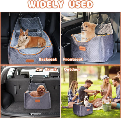 Memory Foam Booster Dog Car Seat with Washable Removable Cover, Elevated Pet Car Seat, Anti-Slip Sturdy Booster Seats for Small Dogs 35lbs, Seat Belt, Storage Pocket, Dog Blankets