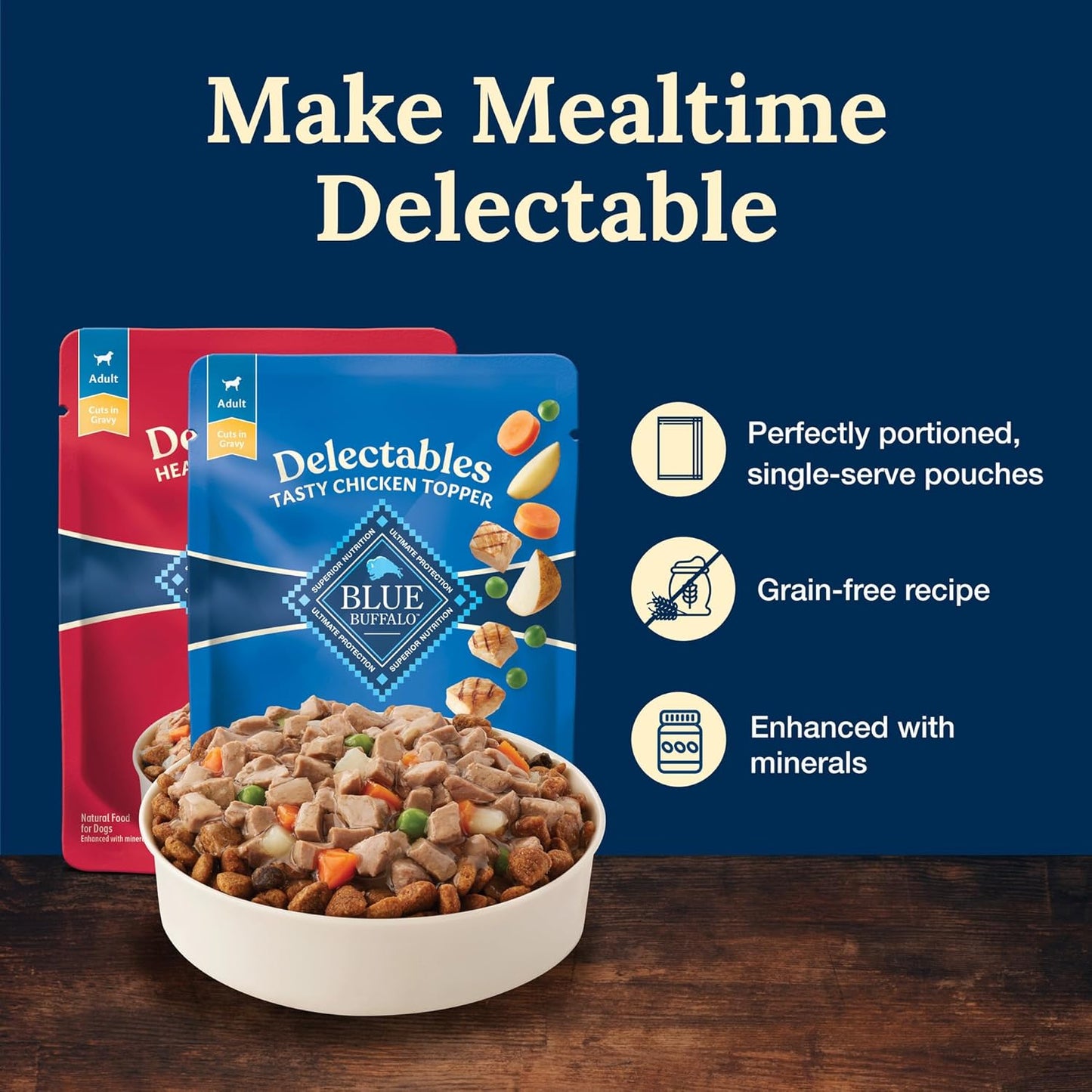 Blue Buffalo Delectables Natural Wet Dog Food Toppers Variety Pack, Tasty Chicken & Hearty Beef, Cuts in Gravy, 3-oz. (12 Pouches, 6 of Each Flavor)