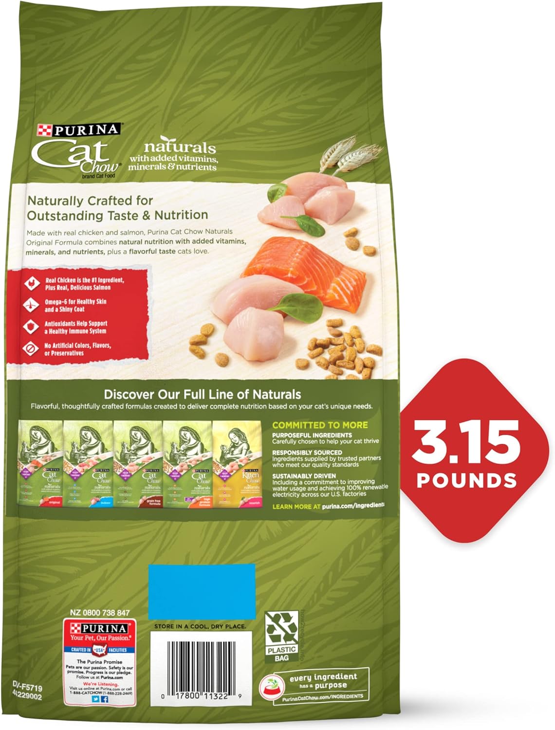 Purina Cat Chow Naturals With Added Vitamins, Minerals and Nutrients Dry Cat Food, Naturals Original - (Pack of 4) 3.15 lb. Bags