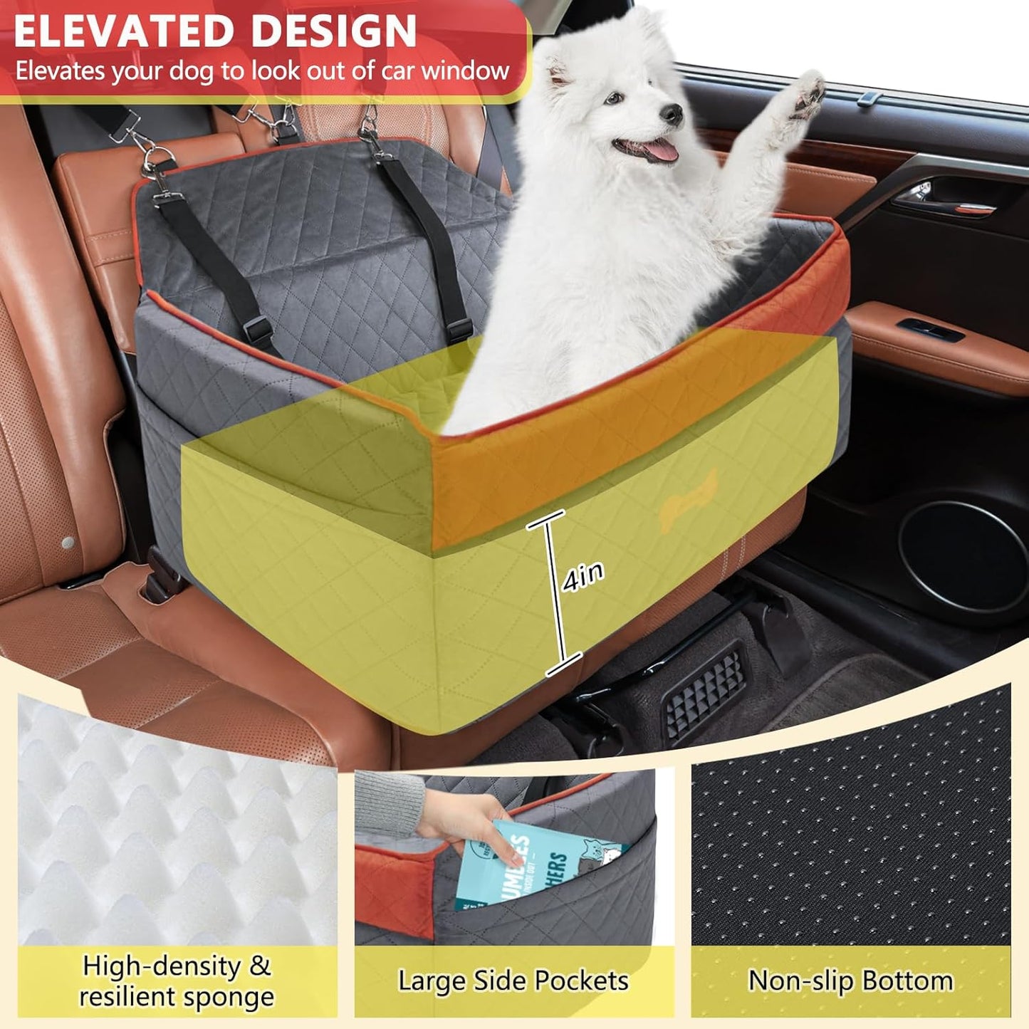 PetsHome Dog Car Seat for Medium Large Dogs, Detachable Washable Pet Booster Seat with Memory Foam Cushion, Side Pockets, 2 Clip-On Safety Leashes Pet Car Seat for Dog Up to 60 lbs/2 Small Dogs-Grey