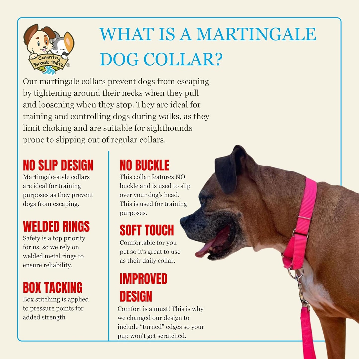 Country Brook Petz - Martingale Dog Collar - Heavy-Duty Training Collar with No Buckle - Service Dog Collar for All Pups - 10+ Warm Colors (Hot Pink, 1 Inch, Medium)