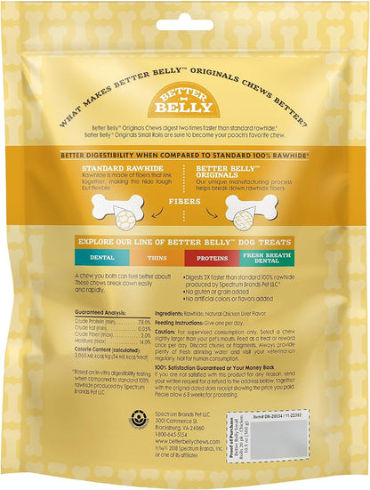 Better Belly Originals Natural Chicken Liver Flavor Small Rolls 20 Count, Highly Digestible Rawhide