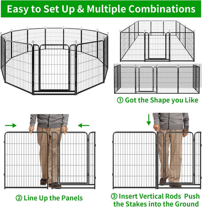 Dog Playpen Outdoor Extra Wide 12 Piece Panels Heavy Duty Anti-Rust Coating-Strengthened Dog Fence 40" Height with Doors Portable for RV Camping Yard, Total 32FT, 79 Sq.ft, Snowy Black