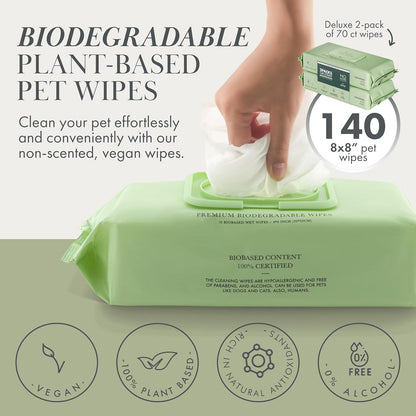 Nina Woof Dog Wipes – Fragrance-Free, Alcohol-Free, Hypoallergenic Pet Grooming Wipes with Aloe Vera, Biodegradable, for Dogs & Cats: Paws, Face, Ears & Butt – 2-Pack (140 Count)