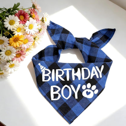 Dog Birthday Bandana, Blue Boy Dog Birthday Boy Bandana Blue Plaid Boys Pet Bandanas Dogs Birthdays Party Supplies for Small Medium Large Dogs Pets (Large)