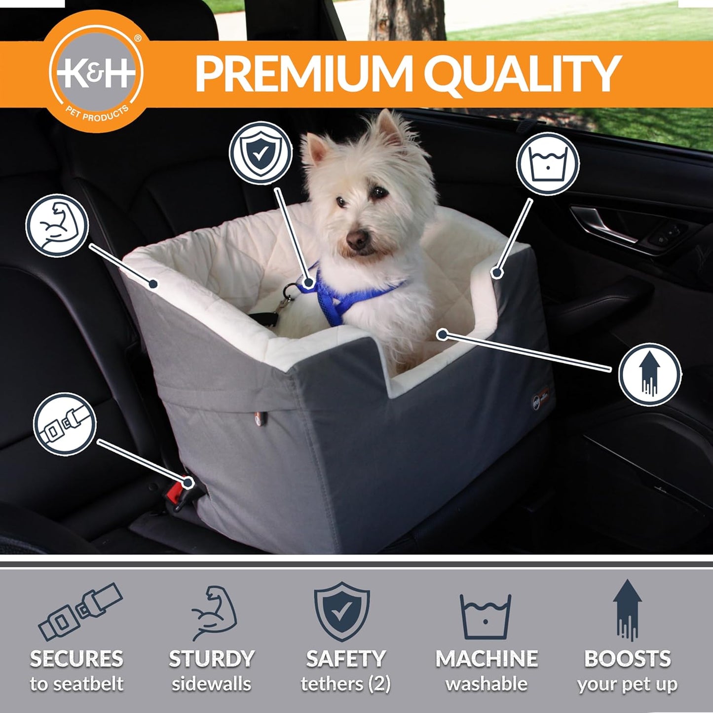 K&H Pet Products Bucket Booster Dog Car Seat, Seat Belt Secured, 2 Safety Leashes, Washable Covers, Sturdy Dog & Cat Booster Seat, Carriers for Small to Medium Pets - Large Gray/Cream