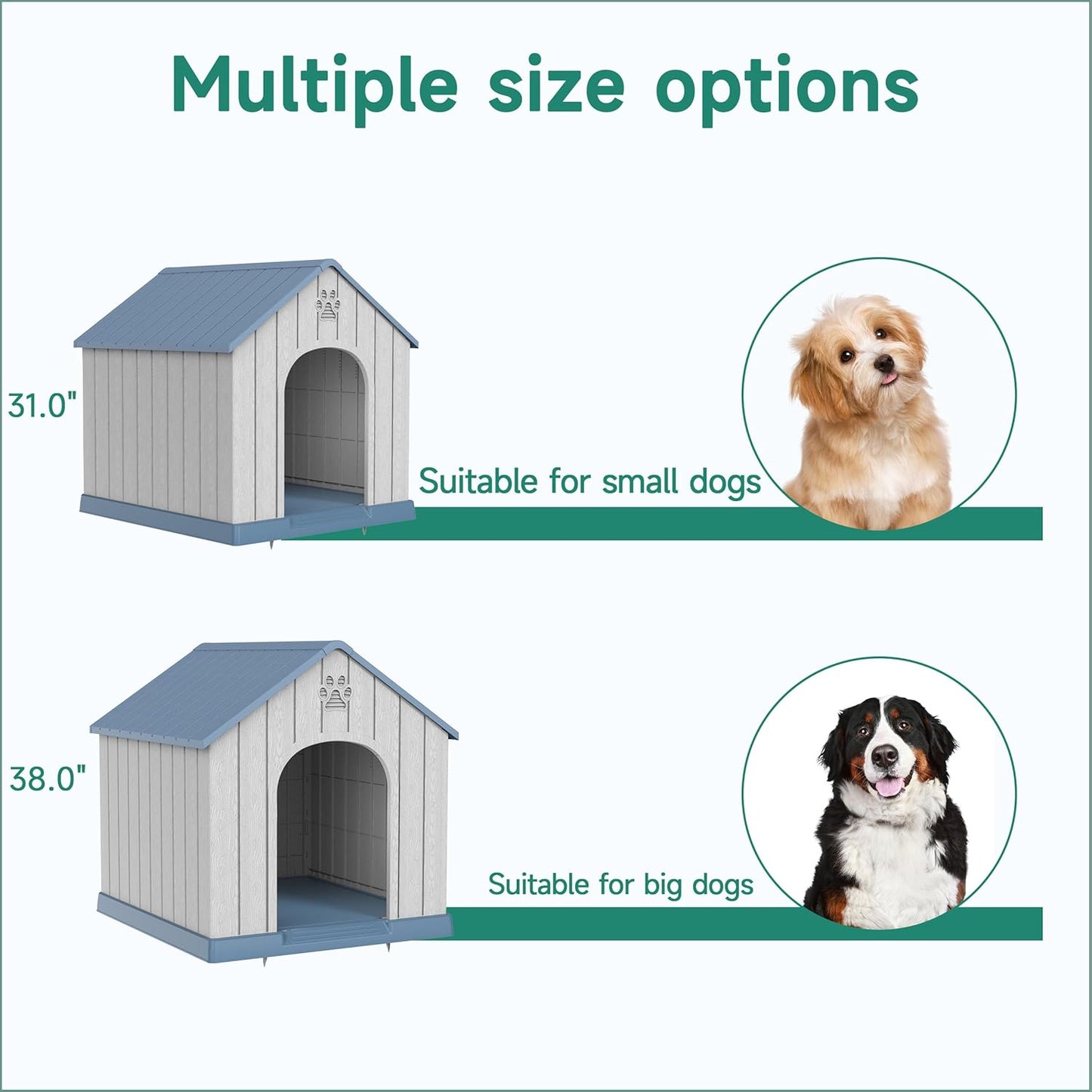 DRATO Large Dog House Indoor Outdoor Waterproof,Puppy Shelter with Air Vents and Elevated Floor,Sturdy Dog Kennel for Small to Large Sized Dogs, Easy to Assemble (Blue, 38.62×36.26×38.07 Inches)