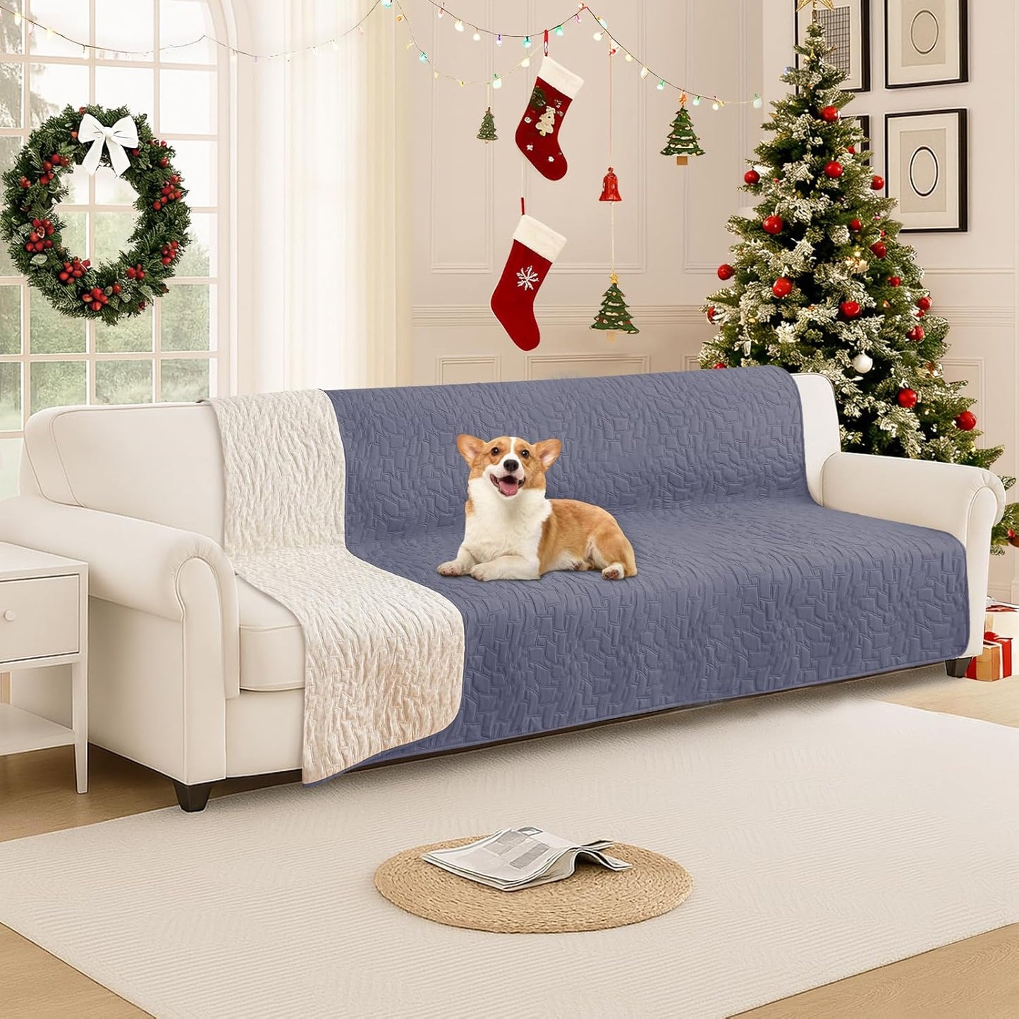 Waterproof Dog Blanket, Non-Slip Soft Pet Bed Cover, Couch Cover for Dogs Washable, Protects Sofa, Furniture, Crate, Car, Tear Resistant Leakproof Pet Blanket (68x82 Inch, Grey Blue)