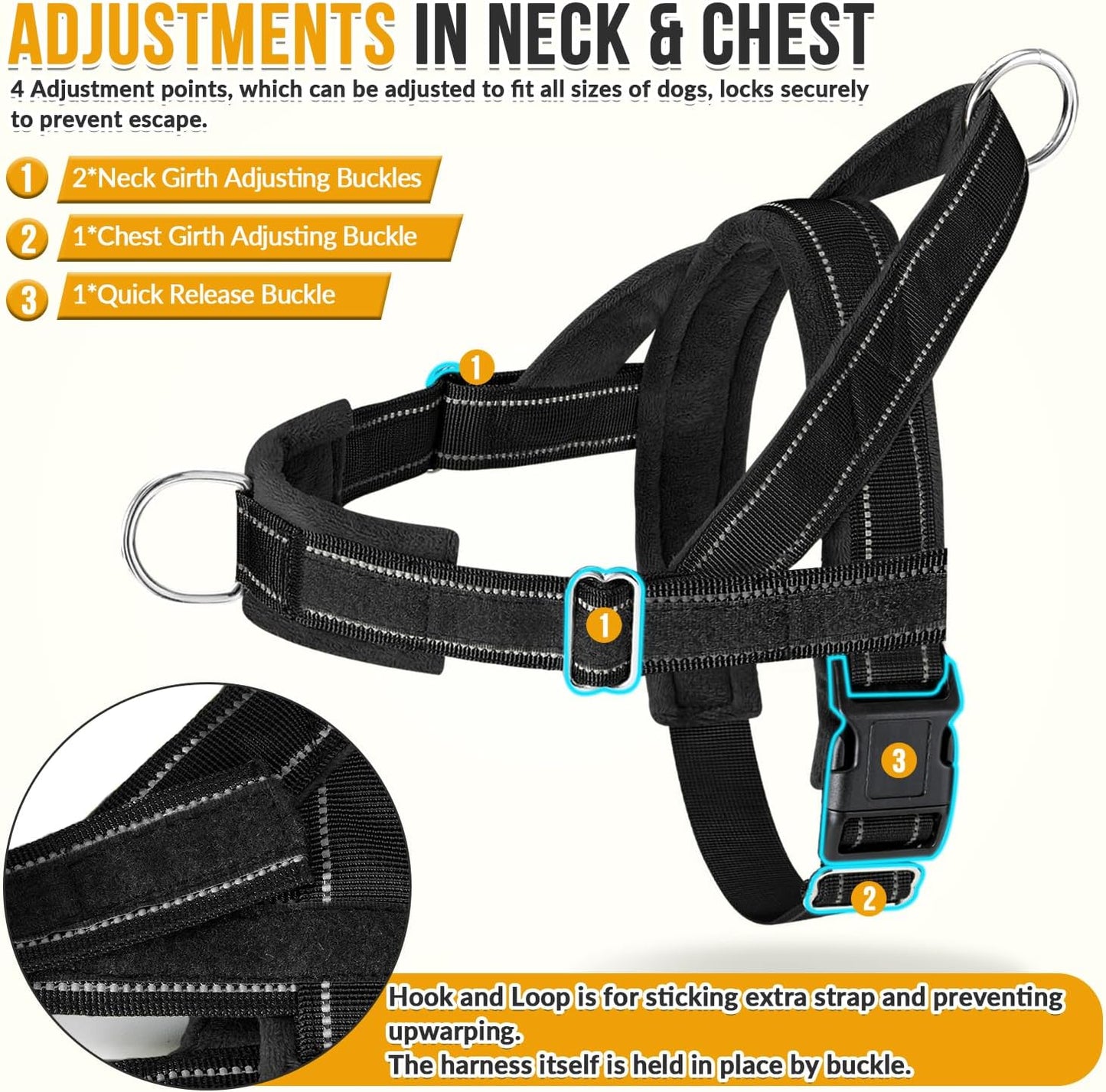 SlowTon No Pull Dog Harness - Heavy Duty Dog Harness and Leash Set for Medium Large Dogs, Reflective Tactical Harness with Soft Padded and Front Clip for Easy Walk and Training (Black L)