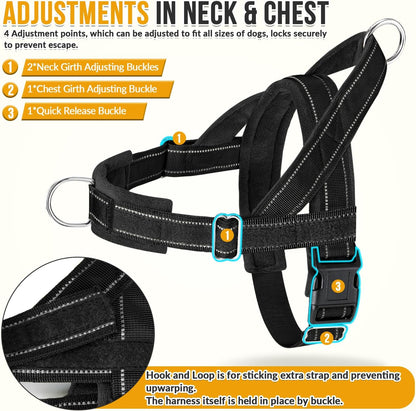 SlowTon No Pull Dog Harness - Heavy Duty Dog Harness and Leash Set for Medium Large Dogs, Reflective Tactical Harness with Soft Padded and Front Clip for Easy Walk and Training (Black L)